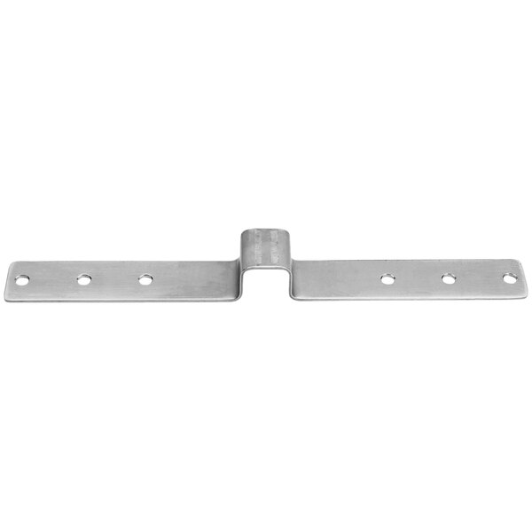 A stainless steel Cambro Camshelving wall fastener with two holes.