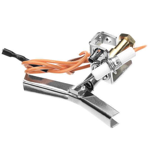 A metal pilot assembly with orange and metal clips with wires.