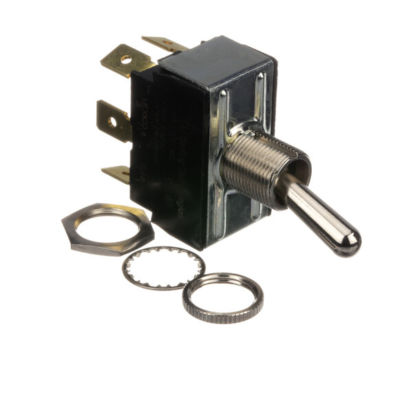 A metal toggle switch with metal rings on the lever.