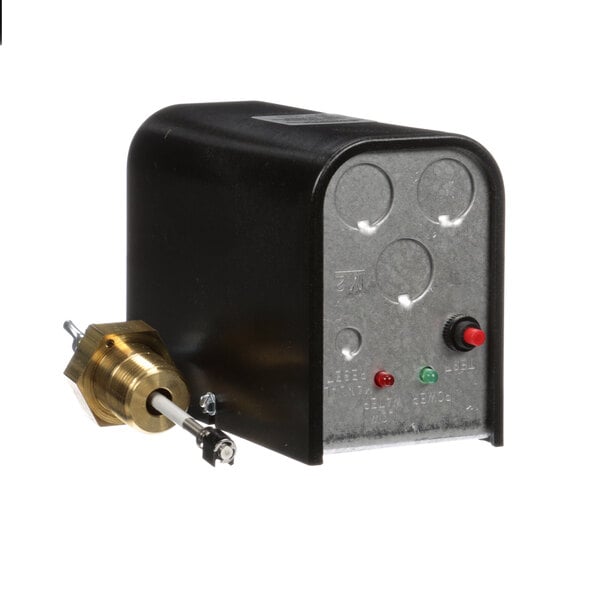 A black box with red buttons and a brass connector.