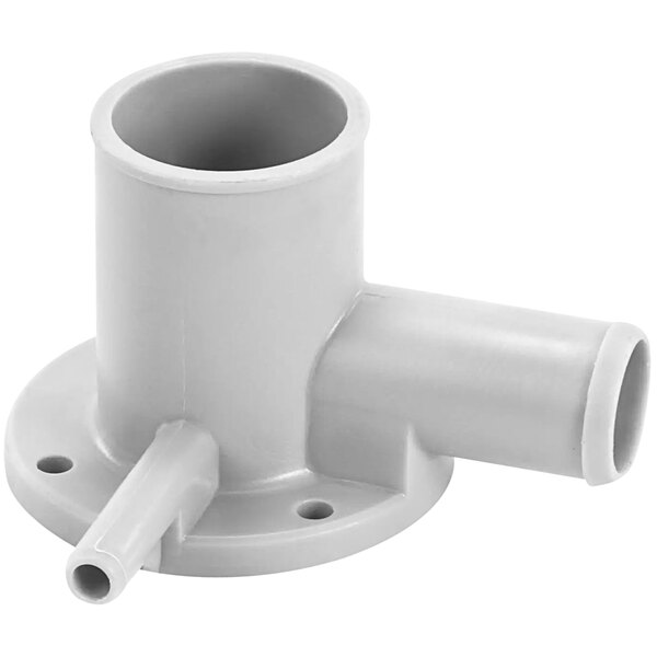 A close-up of a white plastic Fagor feedthrough pipe with a hole in it.