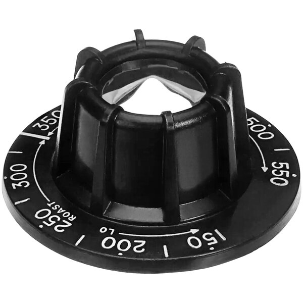 A black plastic Vulcan oven control knob with white numbers.