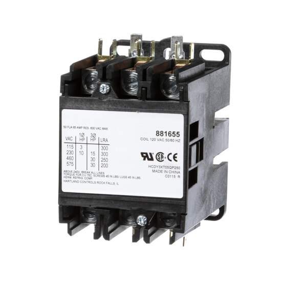 A black and white single pole, three phase Vulcan 50a contactor with three terminals.