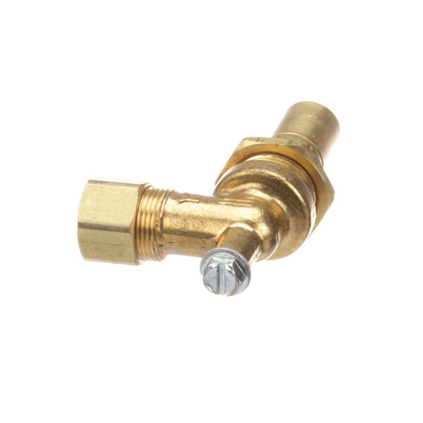 A close-up of a brass US Range oven orifice fitting with a gold finish.