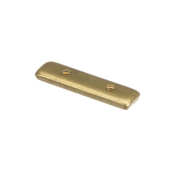 A brass rectangular metal plate with holes.