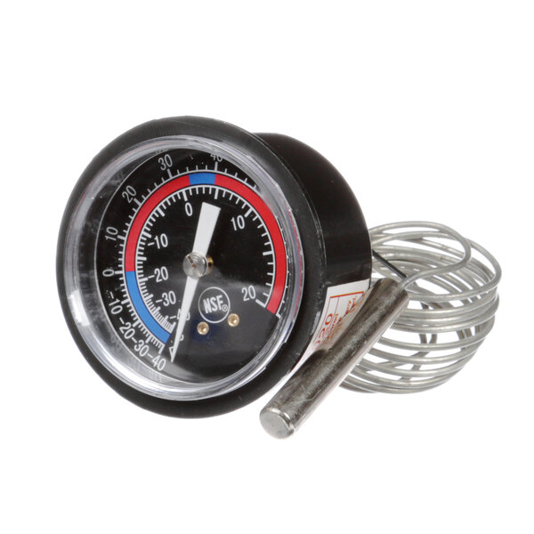 A Victory thermometer with a metal tube and a black, red, and blue dial.
