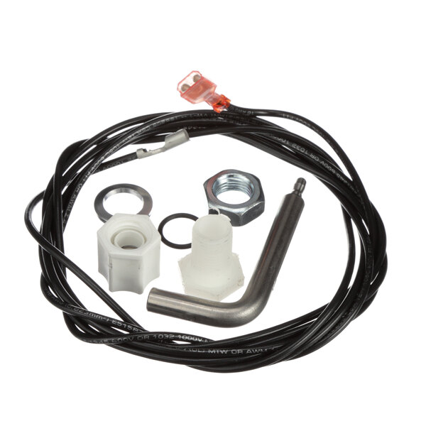 A wire harness with a black wire and white plastic nuts.