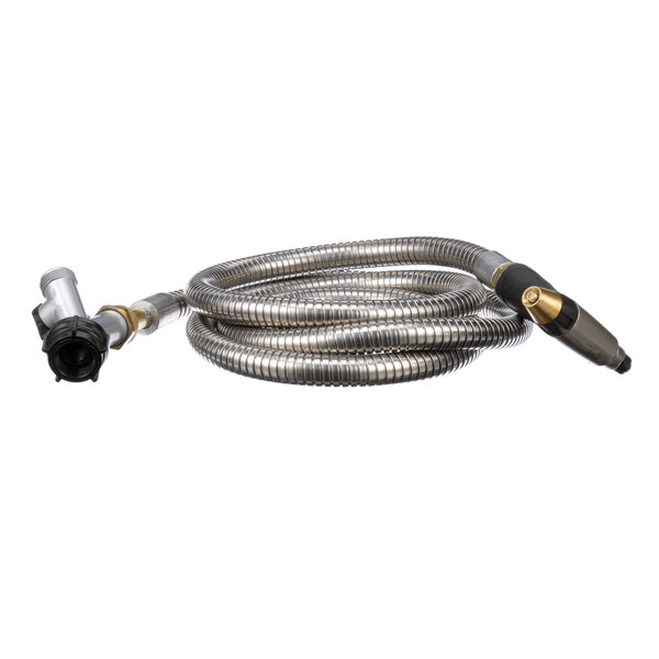 A stainless steel flexible hose with a gold spray nozzle end.