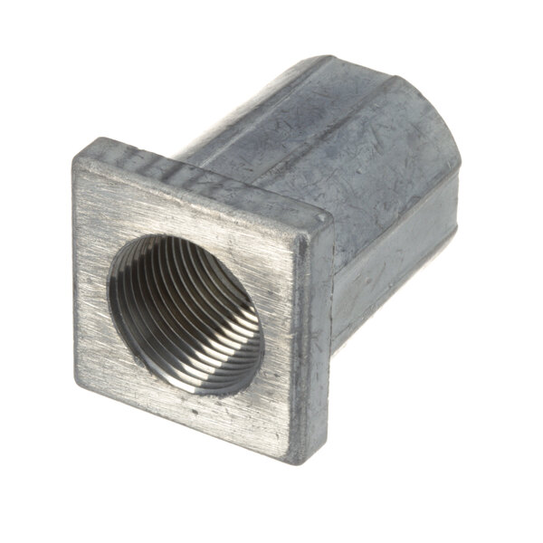 A stainless steel metal piece with a threaded nut.