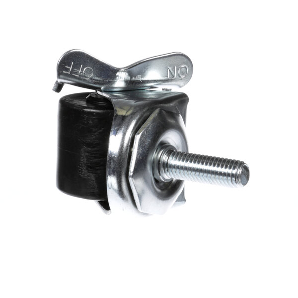 A Franke threaded metal caster stem with a black rubber ring on it.