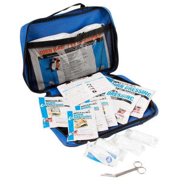 A blue and black Medi-First first aid kit with a package inside.