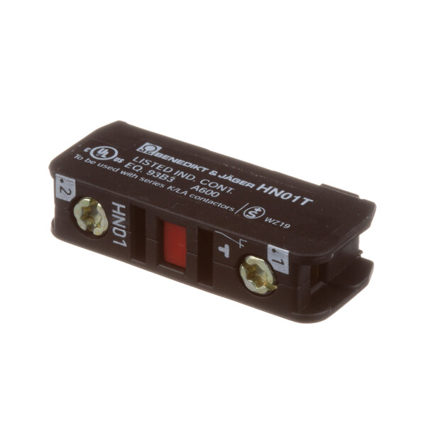 A black rectangular NC contact block with red and white text.