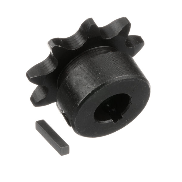 A black plastic sprocket with two screws.