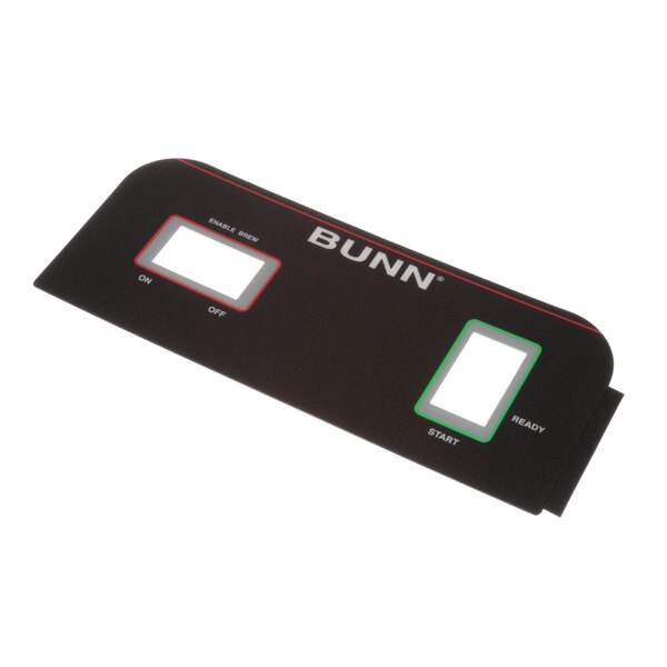 A black rectangular Bunn decal with white text on a counter.