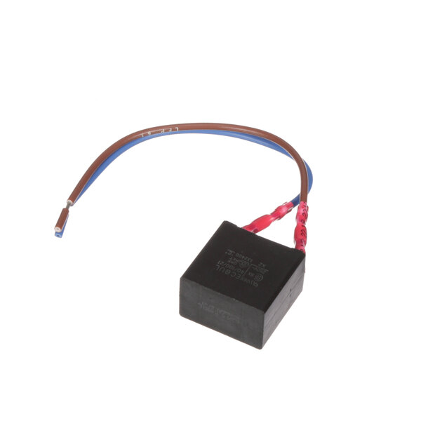 A small black square Lincoln EMI capacitor with red and blue wires.
