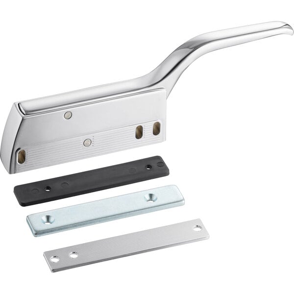 A stainless steel Accutemp door handle with metal plates.