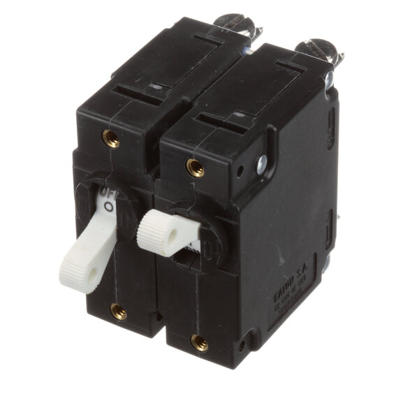 A close-up of a black Bi-Line main circuit breaker with a white switch.