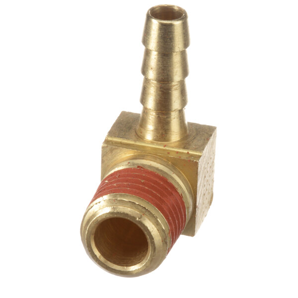 A brass Cleveland pipe fitting with a 90 degree angle.