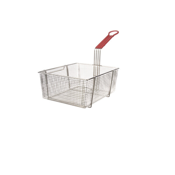 A US Range fryer basket with a wire basket and red handle.