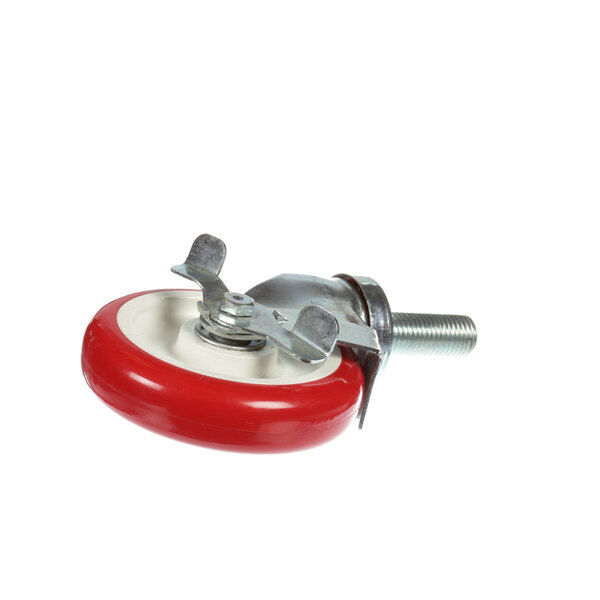 A US Range swivel caster with a red and white wheel and a metal screw.