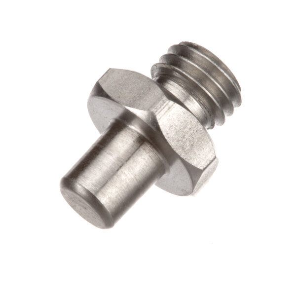 A stainless steel threaded screw with a white background.