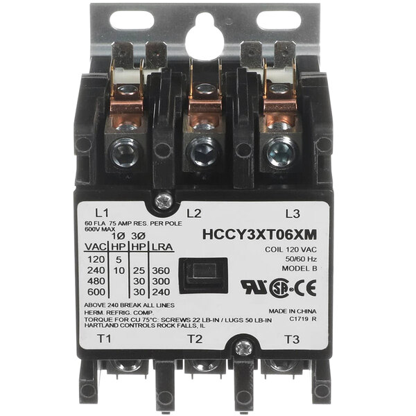 A close-up of a black and white Crown Steam 3 pole contactor.