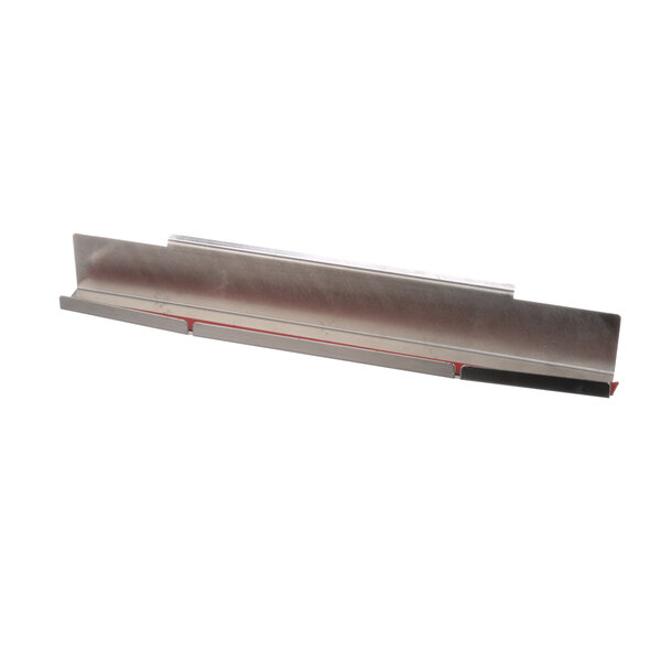 A silver metal shelf with a red stripe on it.