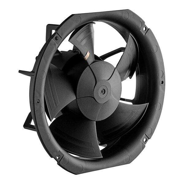 A Beverage-Air black axial fan motor with round blades.