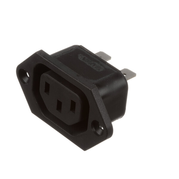A black Blodgett electrical receptacle with three prongs.