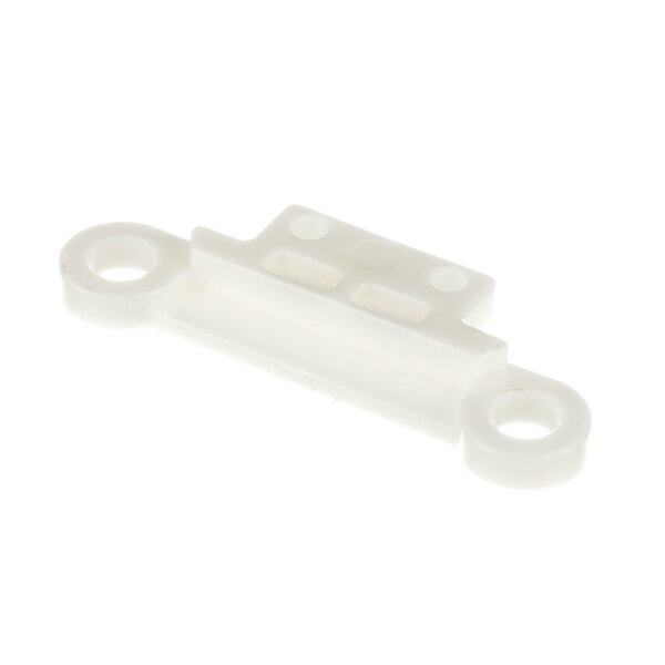 A white plastic Insinger rack section support with two holes.