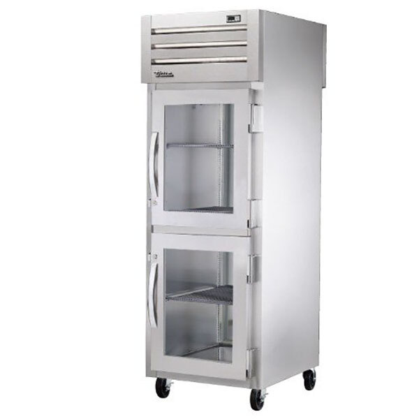 A True stainless steel pass-through refrigerator with glass doors.