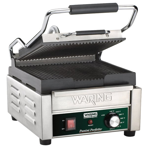 A Waring Panini Perfetto sandwich grill with a handle and a lid.