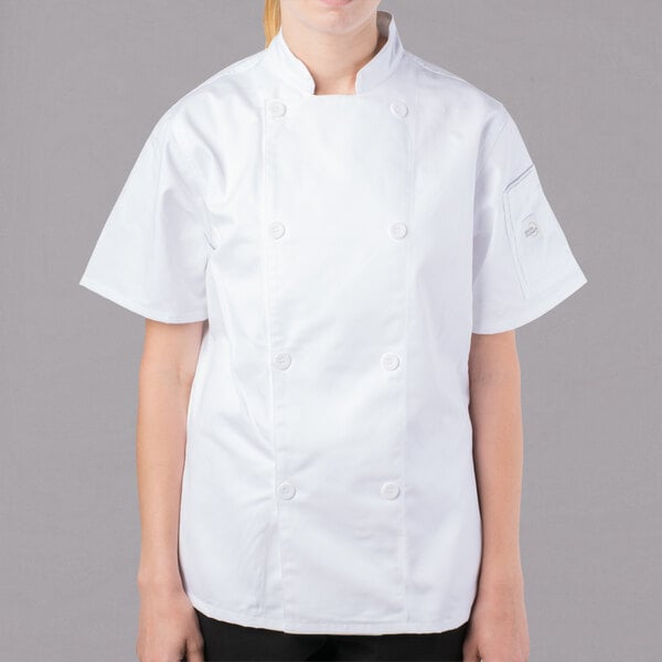 Mercer Culinary Genesis® M61032 Women's White Customizable Traditional Neck Short Sleeve Chef Jacket