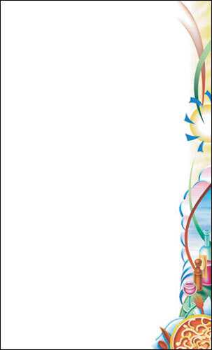 Menu paper with a white background and a colorful border with pasta-themed table setting designs including a pizza.