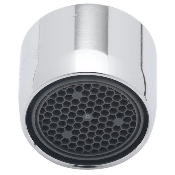 A silver T&S faucet aerator with a black mesh.