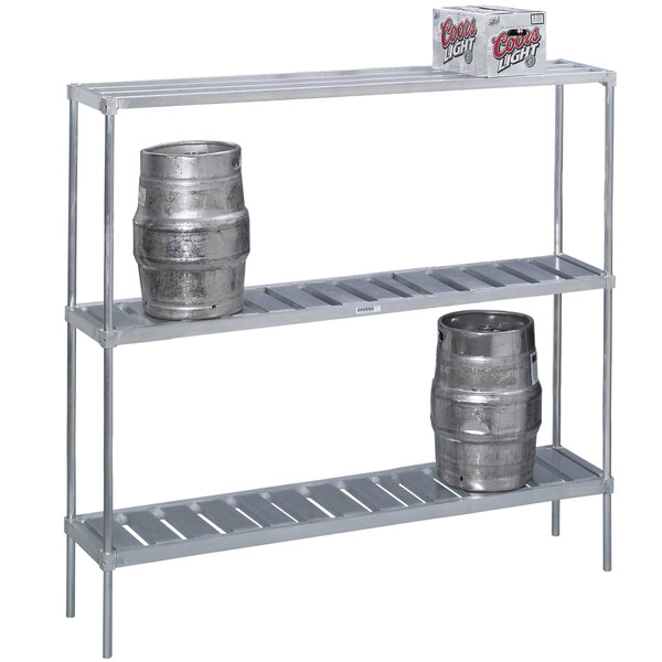 A Channel metal keg rack with two beer kegs on it.