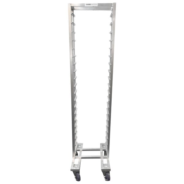 A white metal Channel LPNS-15 steam table pan rack with shelves and wheels.