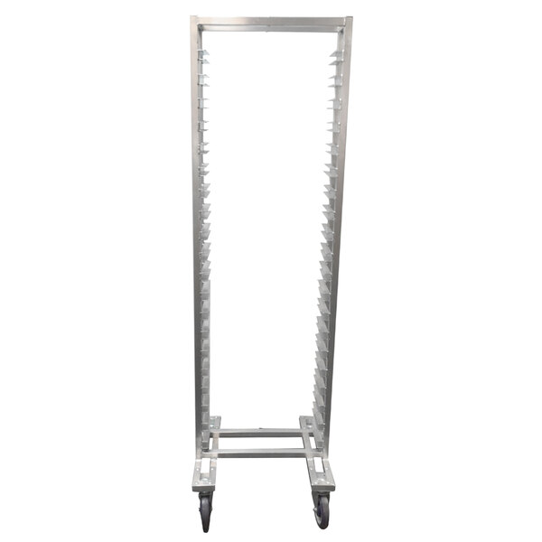 A metal Channel sheet pan rack with wheels.