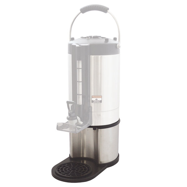 A silver stainless steel Grindmaster TVS vacuum insulated shuttle stand with a black handle.