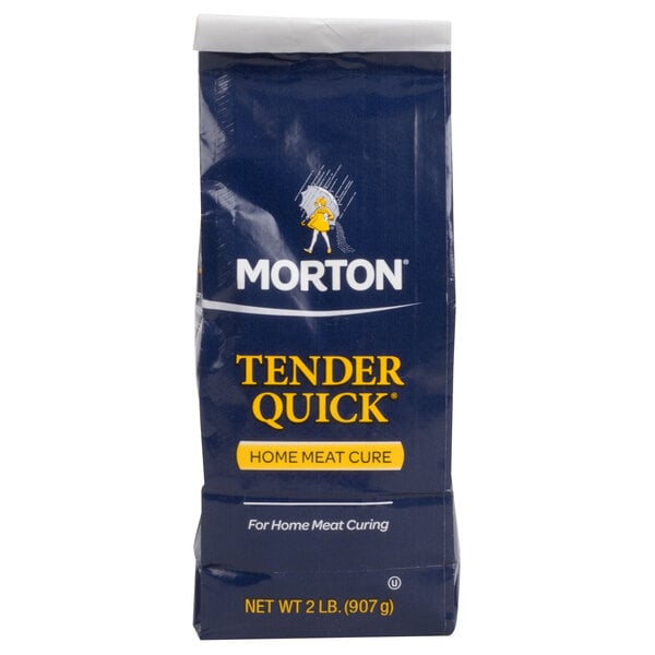 A blue and yellow package of Morton Tender Quick Meat Cure.