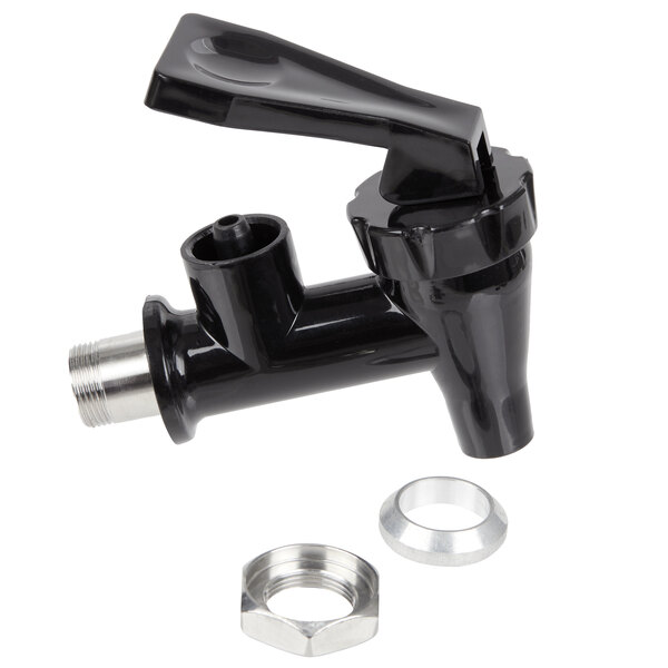 An Avantco black faucet with a nut and silver nuts.
