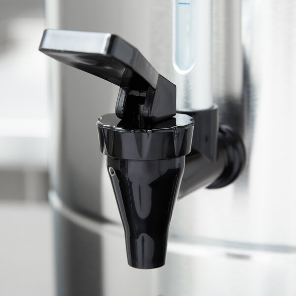 A black faucet with a silver tube.