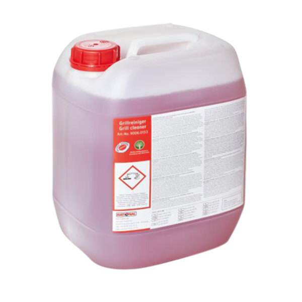 A plastic container with a red lid and white label for Rational 2.65 Gallon Grill Cleaner.