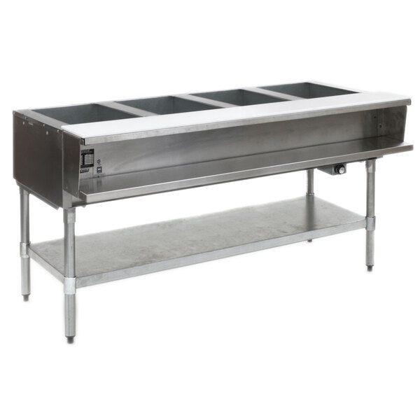 A large stainless steel Eagle Group natural gas steam table with four pans.