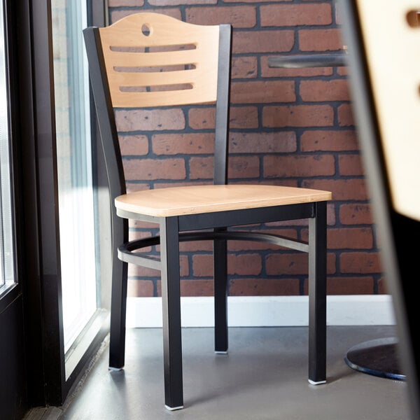 Lancaster Table & Seating Black Finish Bistro Chair with Natural Wood Seat and Back - Assembled