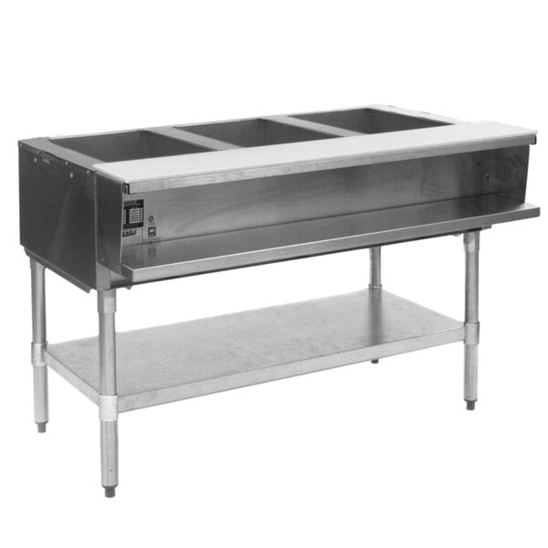 A stainless steel Eagle Group natural gas steam table with three sealed wells on stainless steel legs.
