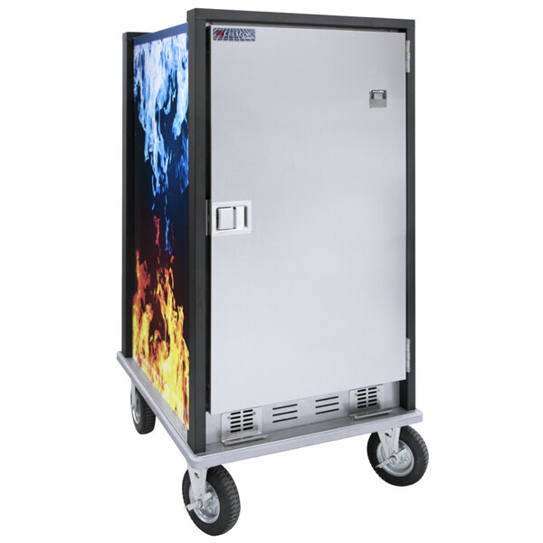 A stainless steel Cres Cor holding cabinet with a fire design on it.