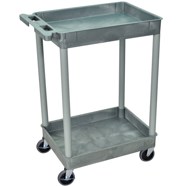 A gray Luxor plastic utility cart with two wheels.