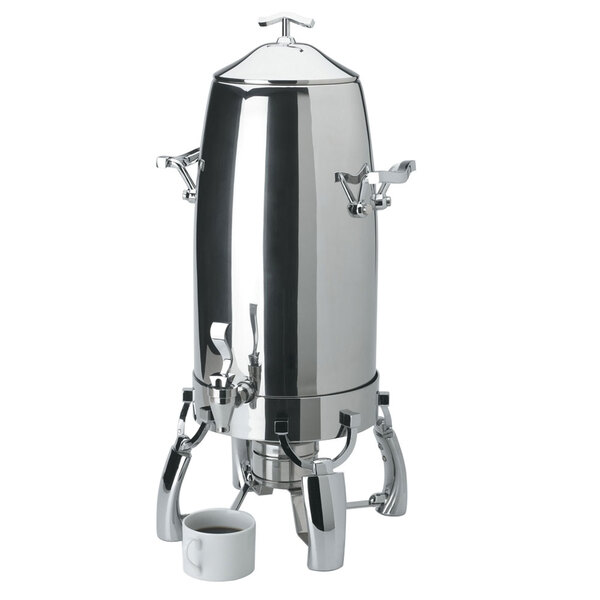 A stainless steel Vollrath Somerville coffee urn with a handle.
