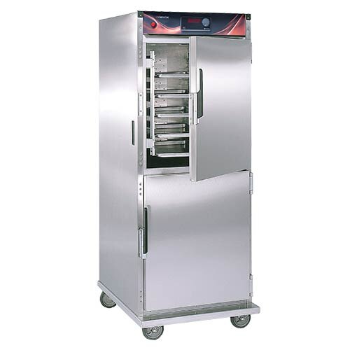 A Cres Cor stainless steel holding cabinet with solid Dutch doors on metal shelves.